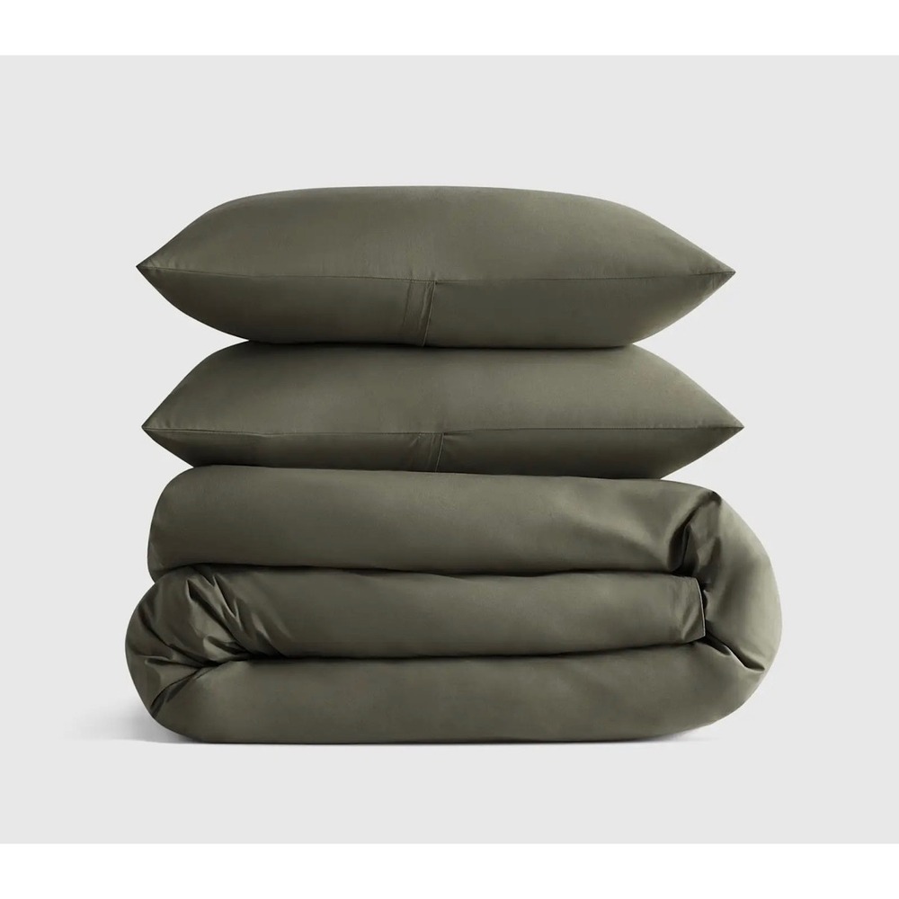 Quince Queen Organic Crisp Cotton Percale 3-Piece Duvet Cover Set Olive Green